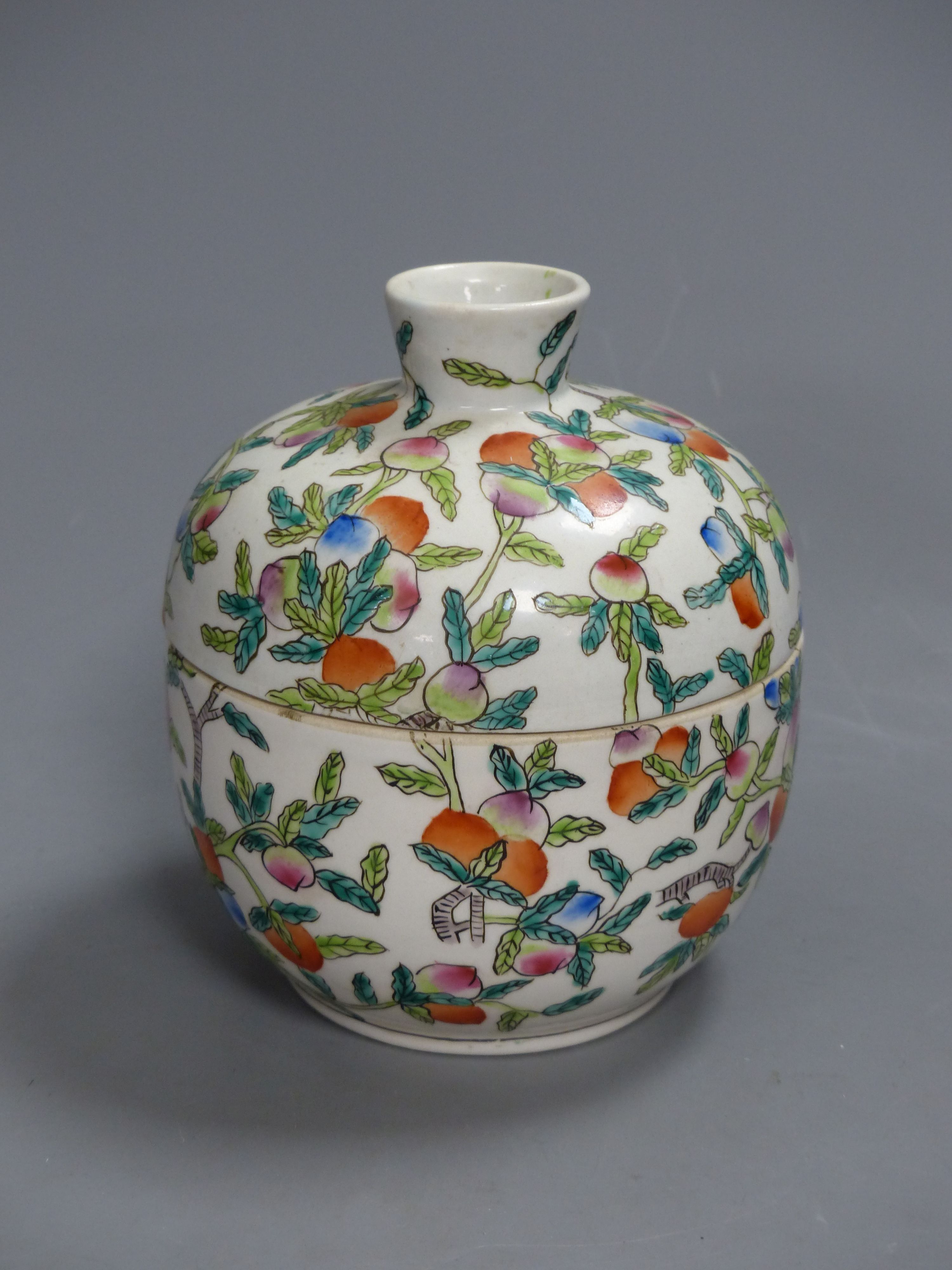 A Chinese famille rose Kamcheng and five ‘cockerel’ saucers, height 15.5cm